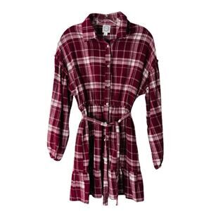 Blue Rain red burgundy white plaid flannel ruffle tie grunge boho dress small